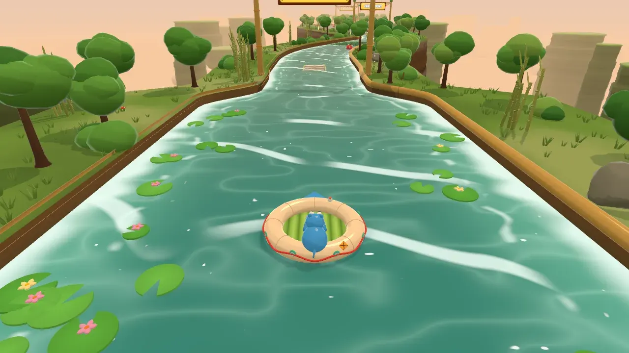 A hippo on its inflatable raft floating down Bayou Bends in Toot Together