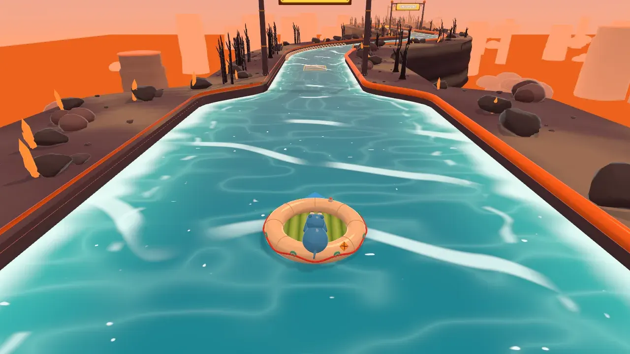 A hippo on its inflatable raft floating down Dragon's Gullet in Toot Together
