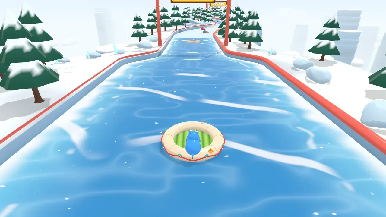 A hippo on its inflatable raft floating down Frostbite Falls in Toot Together