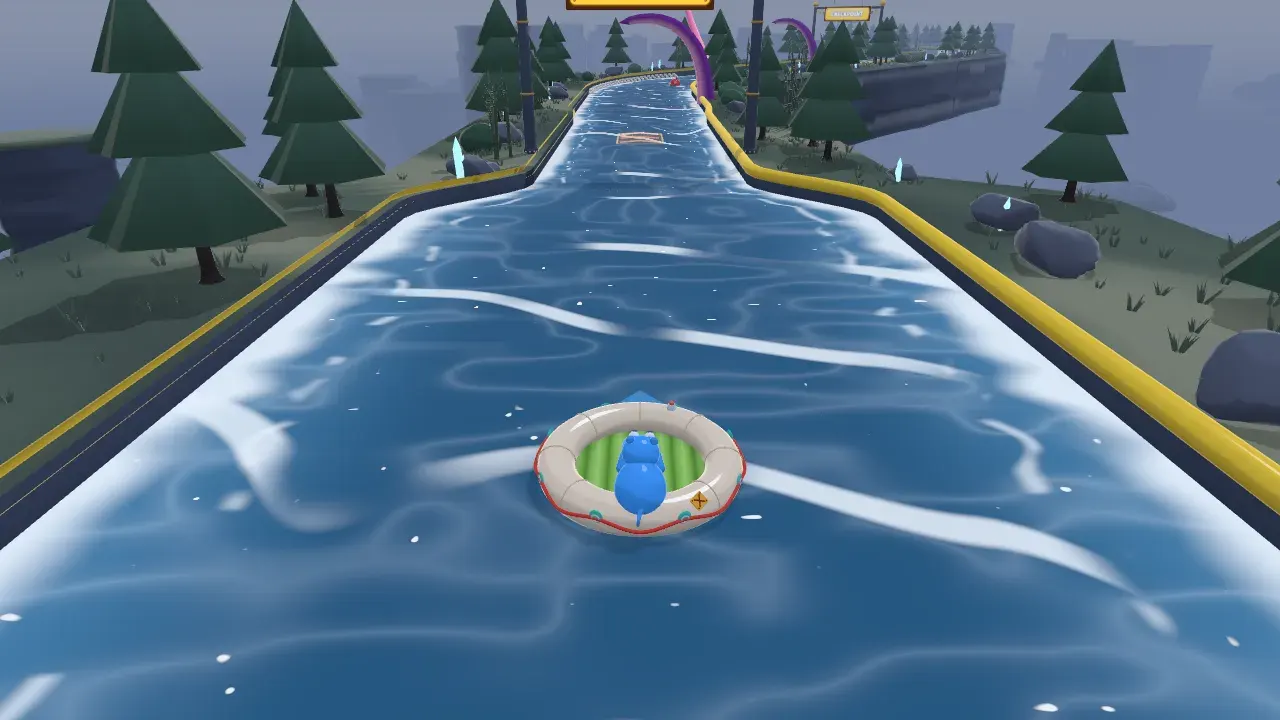 A hippo on its inflatable raft floating down Kraken's Wake in Toot Together