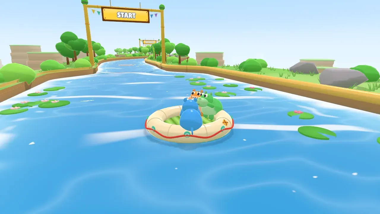 A hippo on its inflatable raft floating down Lazy River in Toot Together