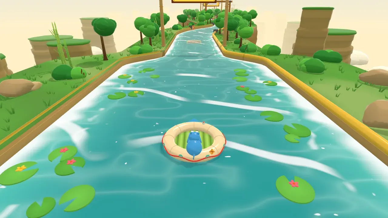 A hippo on its inflatable raft floating down Sunken Temple in Toot Together