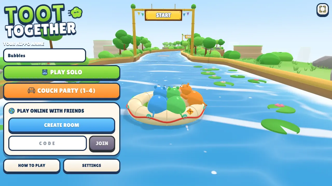 The Toot Together main menu: Play solo, Couch party and Play online with friends