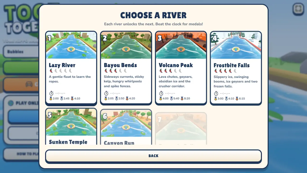 The river picker in Toot Together, with all 8 rivers